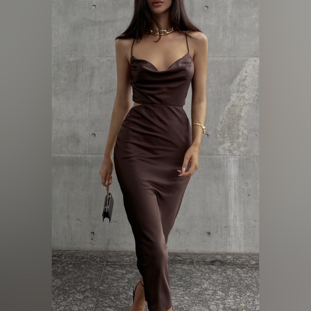 Revival Slip Dress Chocolate Brown Satin w/ Tie Back Sz S